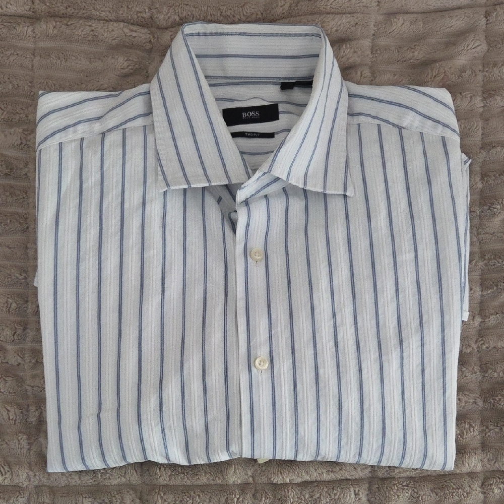Boss Blue and White Dress Shirt Vertical Stripes